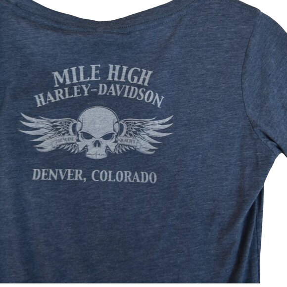 Harley Davidson Skull Wings Tee Size L Blue Biker Rocker Grunge y2k - Picture 3 of 7
